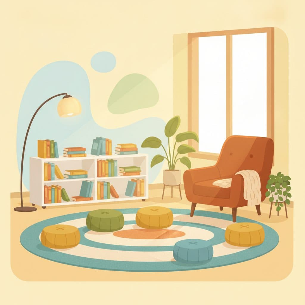 Cartoon illustration of a calm classroom reading corner